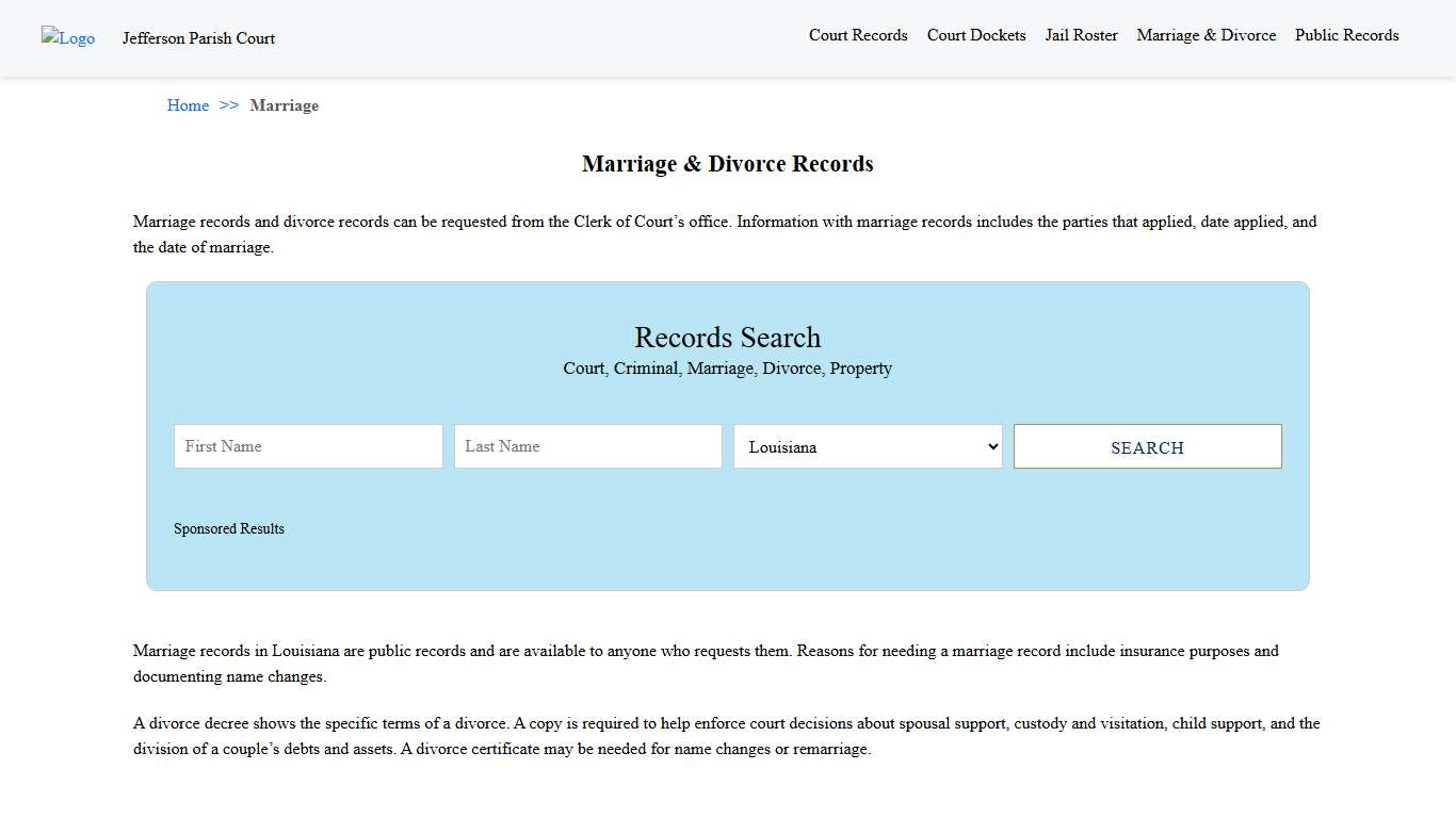 Marriage & Divorce Records Jefferson Parish Court